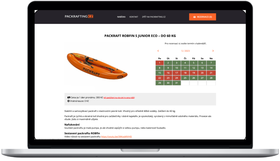 Rezervační systém pro půjčovnu vodáckého vybavení - ukázka